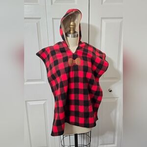 Reversible Hooded Fleece Poncho Red & Black Plaid/Tan Reindeer, One Size, NWOT
